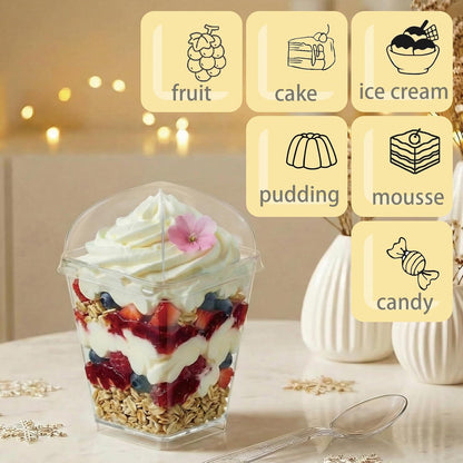 50Pack 5oz Plastic Dessert Cups with Lids and Spoons, Square Clear Parfait Appetizer Cups, Mini Reusable Shooter Serving Cups, Party Dessert Shot Glasses for Tasting