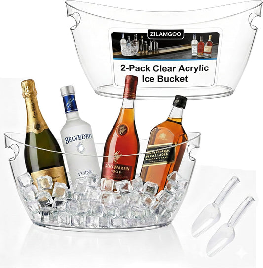 2-Pack Clear Acrylic Ice Buckets for Parties (5.5L Each) – Large Plastic Beverage Tubs with Scoops – Wine Bucket Chiller for Parties, Drink Buckets for Outdoor Events, Mimosa Bar, BBQ