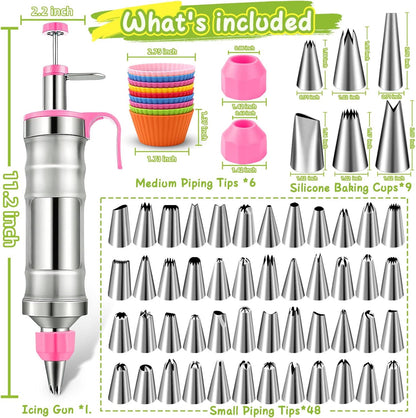 NOVANO Dessert Decorating Syringe Set, Frosting Piping Kit Stainless Steels Cake Decorating Kit with 54 Piping Tips & 9 silicone cupcakes, Cupcake Decorating Kit Piping Bags and Tips Set