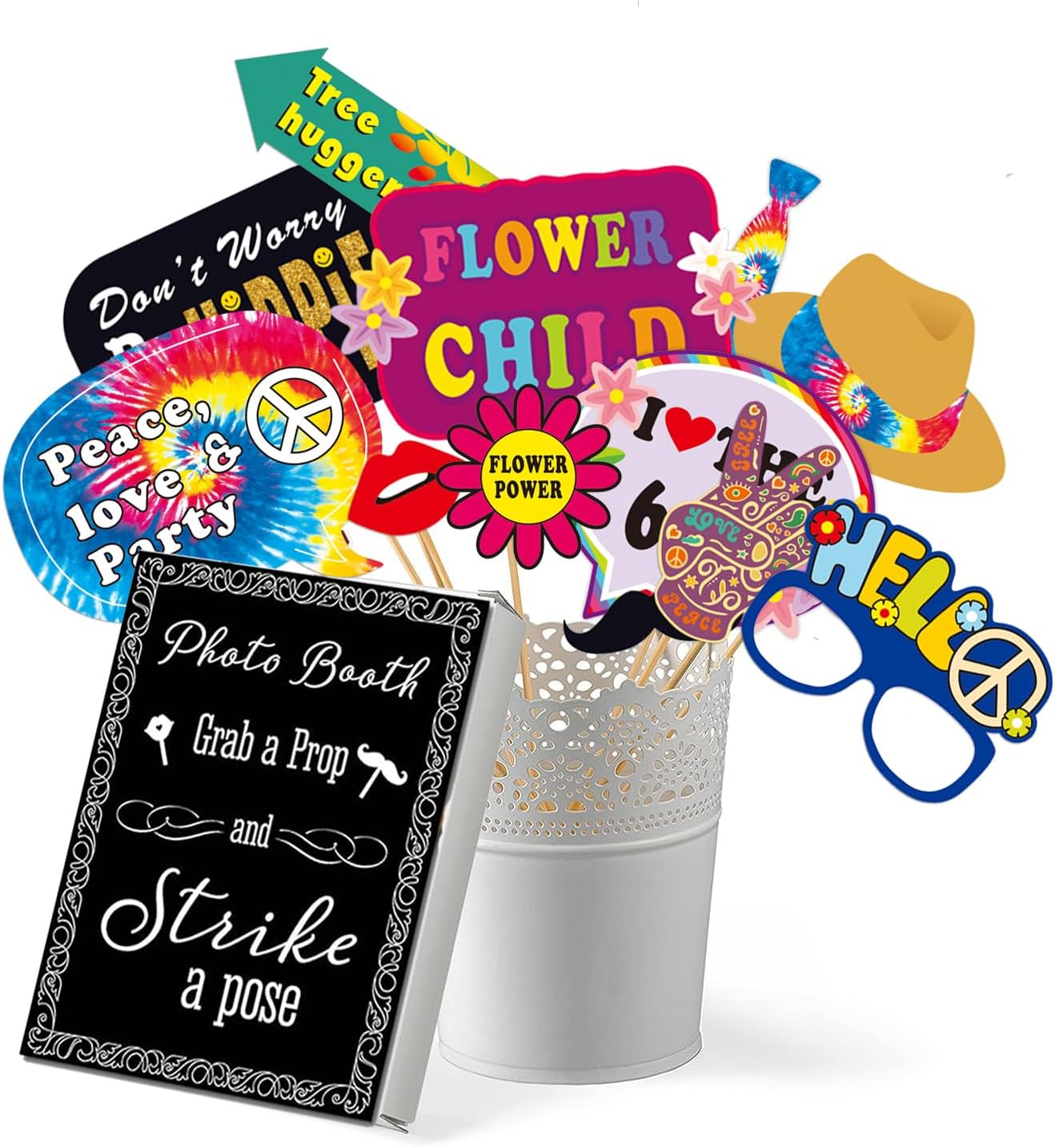 31pcs 60s Party Decorations, 30pcs 60's Photo Booth Prop with 1pcs 60 Hippie Bus Shaped Selfie Frame, Groovy Peace Love Themed Favor for 60's Hippie Birthday Party Favor Supplies