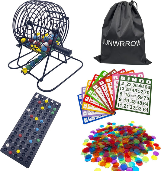 JUNWRROW Deluxe Bingo Game Set, Includes 1000 Colorful Chips, 100 Bingo Cards, 75 Calling Balls, 6 Inch Rotary Metal Cage, Bingo Master Board, 2 Velvet Bags,1 Big Storage Bag - Ideal for Large Groups