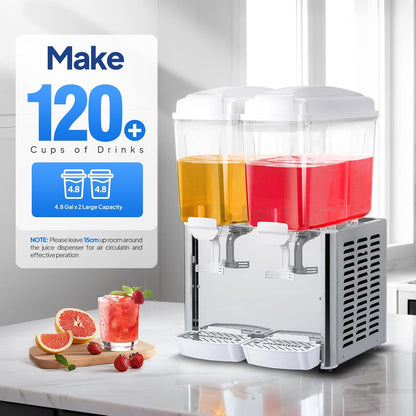 ROVSUN 9.6 Gal/36L Commercial Beverage Dispenser, 18L X 2 Tanks Cold Drink Commercial Juice Dispenser Stainless Steel with Thermostat Controller for Home Restaurant Bar Party 110V/60HZ