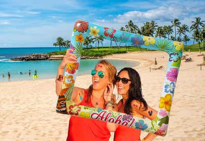Hawaii Luau Photo Booth Props Inflatable Selfie Frame with 3 Sheets Temporary Tattoos-27.9x23.2 Inch Hawaiian Photo Booth Props Luau Photobooth Frame for Tropical Summer Beach Party Decorations