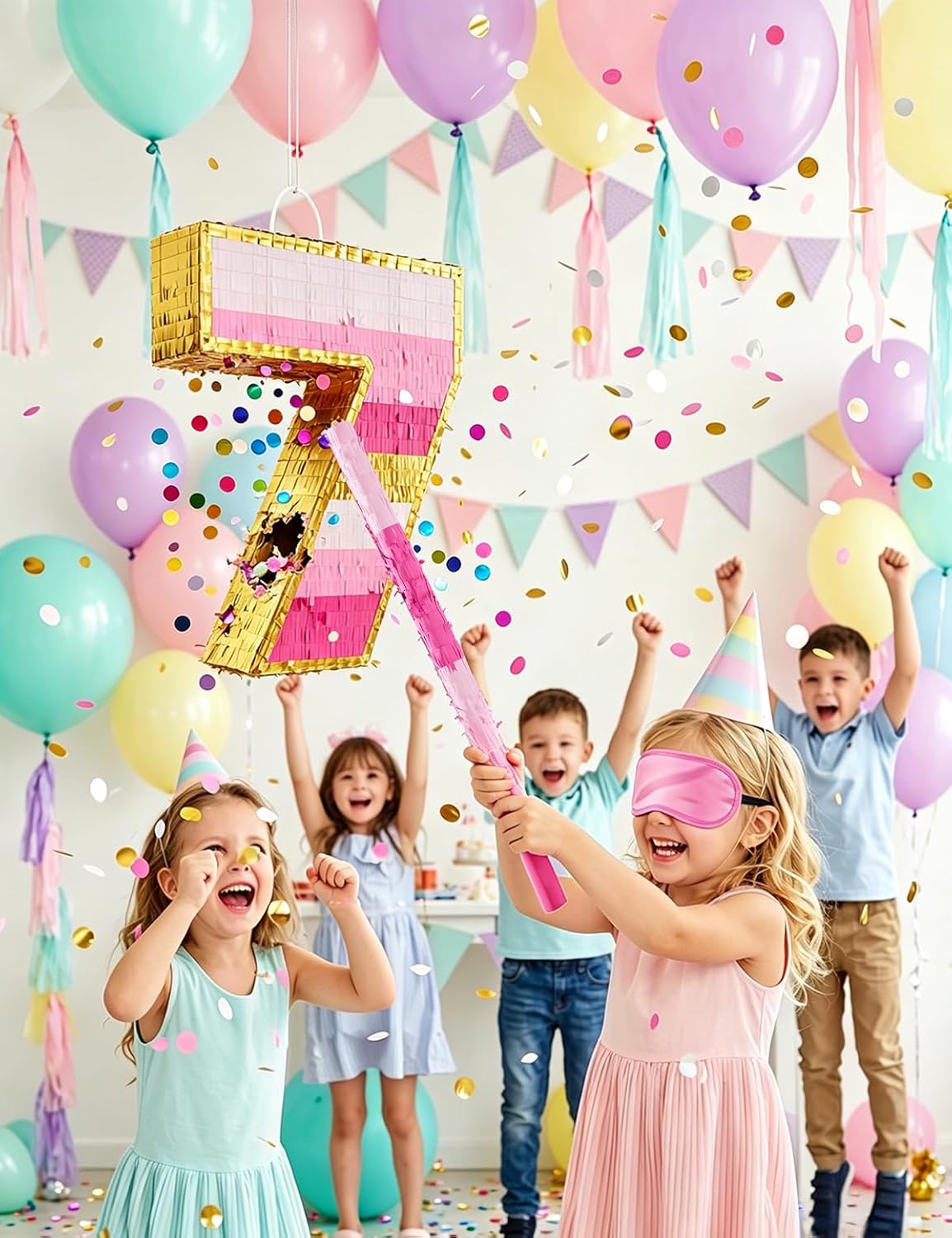 Number 5 Piñata with Stick, Blindfold & Confetti-Pink Piñata for Birthday Parties, Complete Party Game Set for Kids Girls-Gradient Pink Birthday Decor with Fillable Design(Small, 16.5 x 11.5 x 3 In)