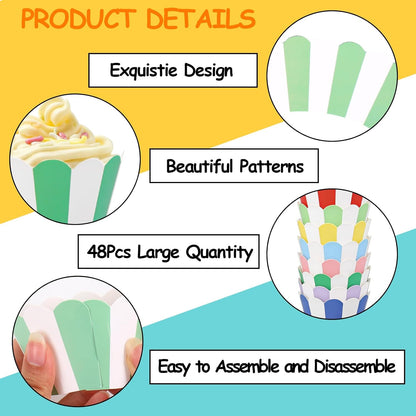 Whaline 48Pcs Colorful Striped Cupcake Wrappers Paper Cupcake Liners Scalloped Dessert Holders for Birthday Baby Shower Wedding Party Supplies, 8 Designs