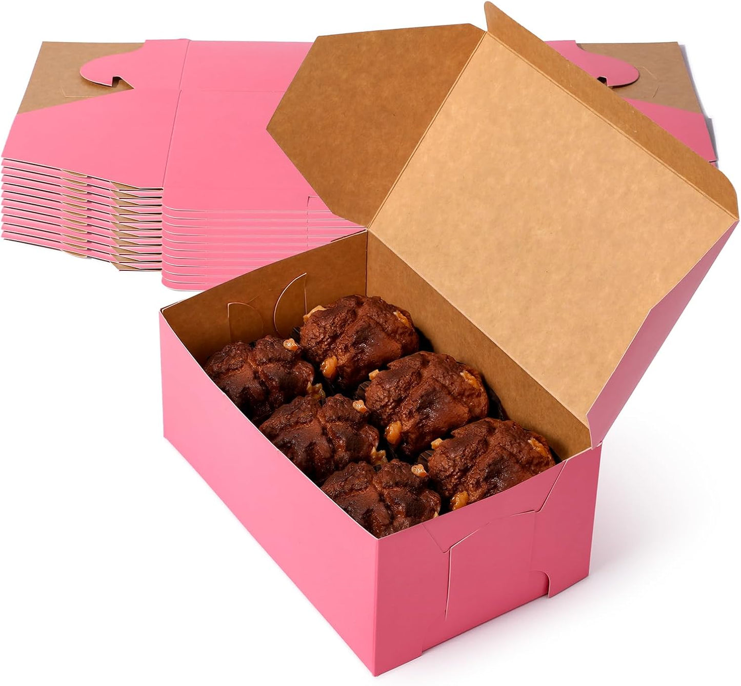Fit Meal Prep [25 Pack] Pink Bakery Boxes 8x8x4 Pastry Box for Cupcakes, Desserts, Cookies, Candies Ideal Packaging for Bakeries and Home-made Baked Goods, Favors, and Gifts