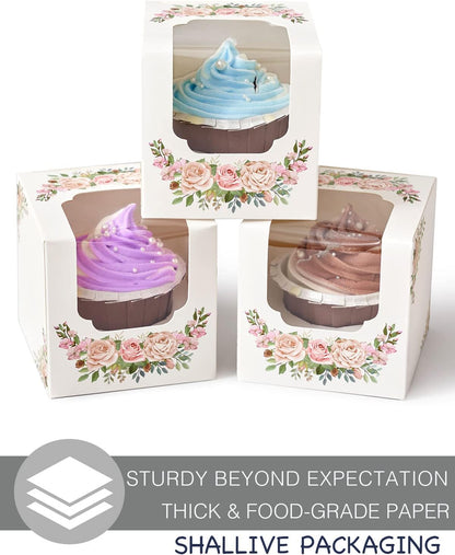100 Pcs Kraft Brown Cupcake Boxes Individual Bulk Paper Cupcake Containers Single with Insert and Window, Pop up Cookie Boxes and Cocoa Bombs Boxes Packaging for Bakery Gift Giving