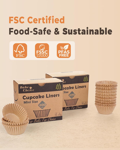 Bake Choice Non-Stick 400pcs Mini Cupcake Liners for Baking, Natural parchment muffin liners for Mini Muffin Pan, Cupcake Pan, Food Grade, Non Stick, Greaseproof