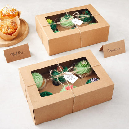 Juvale Cupcake Boxes - 6 x 6 in, 24 Count, Brown - 4-Cup Insert & Clear Window Cupcake Containers & Muffin Boxes
