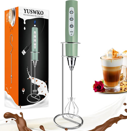 YUSWKO Black Handheld Milk Frother Wand for Coffee, Rechargeable Electric Whisk with 3 Heads 3 Speeds Drink Mixer Coffee Frother For Latte, Cappuccino, Hot Chocolate, Egg