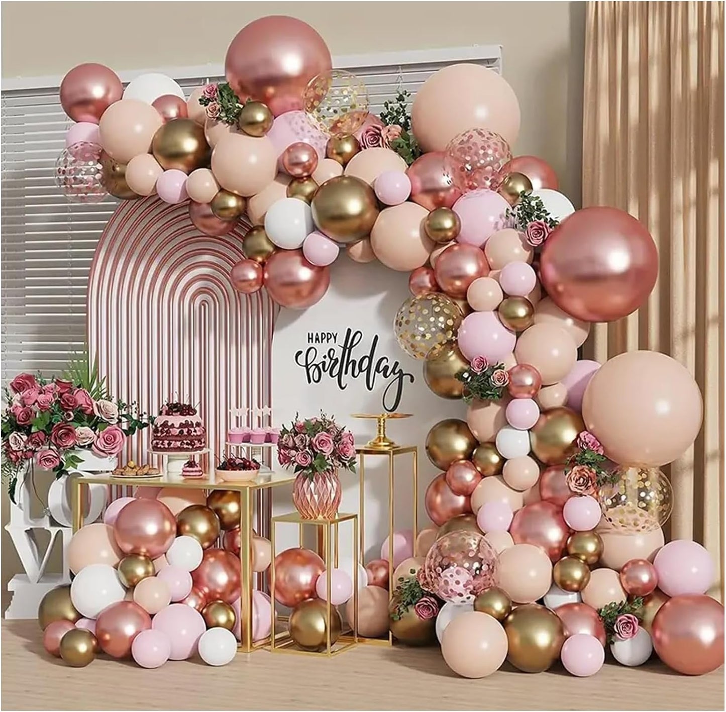 Rose Gold Balloon Garland Kit, Nude Pastel Pink Metallic Gold Matte White Balloons Gold and Rose Gold Confetti Balloons for Valentines Day Wedding Bridal Shower Party Girl Birthday Decorations