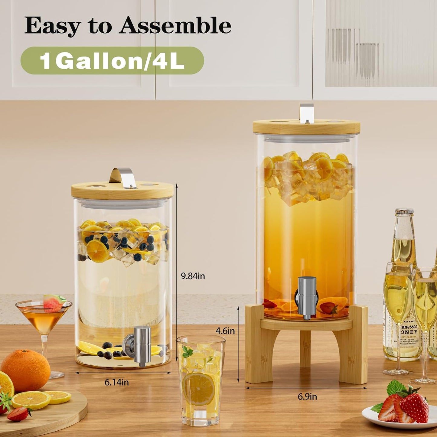 1 Gallon Glass Drink Dispenser For Parties, Beverage Dispenser With Bamboo Wood Stand And Stainless Steel Spigot, Countertop Water Dispenser, Lemonade Dispenser For Wedding, Picnic (2PACK)