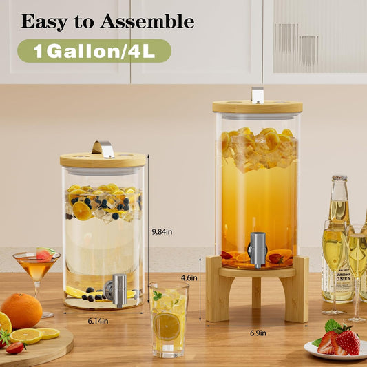 1 Gallon Glass Drink Dispenser For Parties, Beverage Dispenser With Bamboo Wood Stand And Stainless Steel Spigot, Countertop Water Dispenser, Lemonade Dispenser For Wedding, Picnic (2PACK)