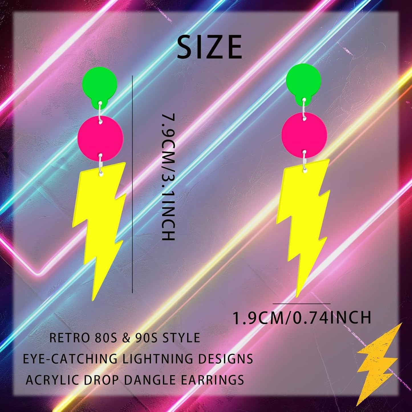 80s 90s Earrings for Women Colorful Lightning Acrylic Drop Earrings Neon Earrings Bulk for 80's 90's Outfit Glow Party Halloween 80s Accessories Jewelry