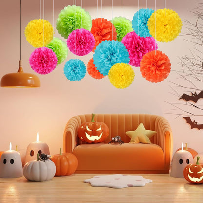 18 PCS Tissue Paper Pom Poms, Tissue Pom Poms Flowers, Sizes of 6", 10", 12", 14" Hanging Paper Flower Ball for Wedding, Birthday, Halloween, Christmas, Baby Shower Party Decor (Red Black Gold)