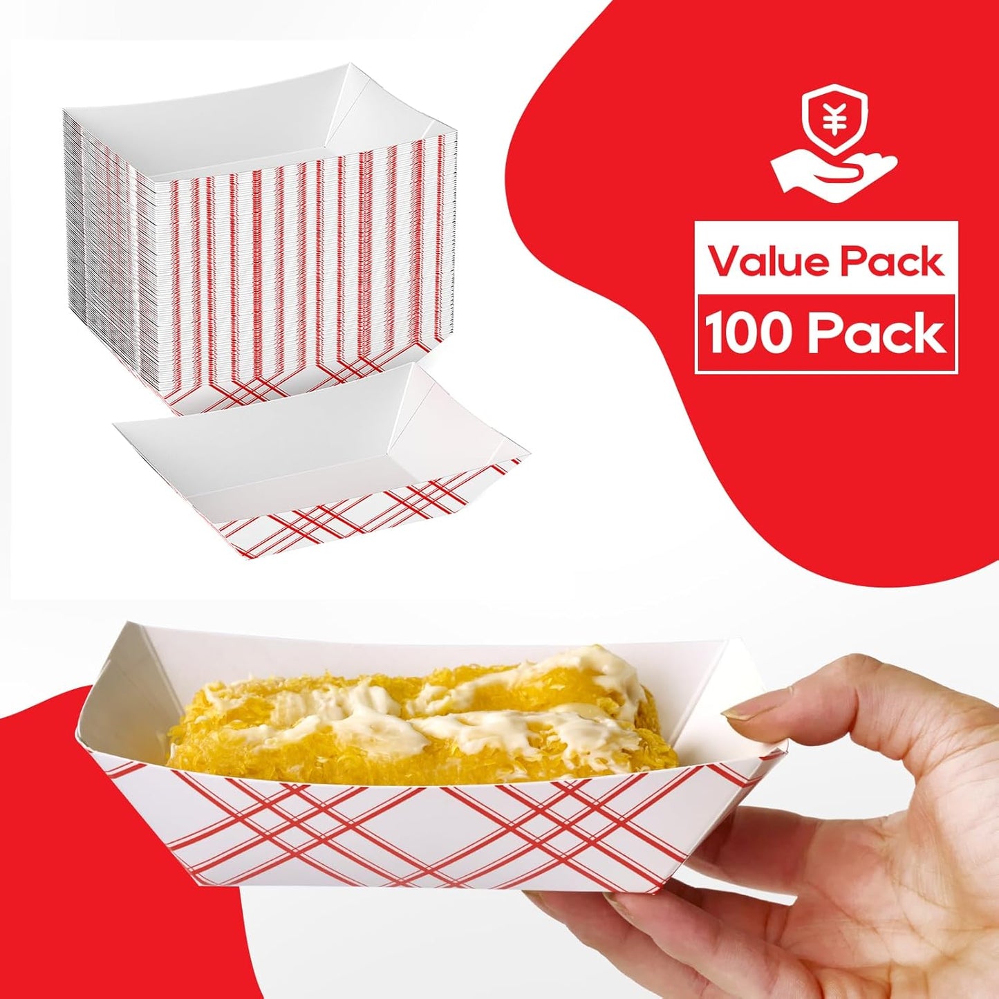 ECOLipak 100 Pack 3lb Paper Food Tray Red, Disposable Paper Boats, Food Holder Trays, Serving Boats for Taco Nacho Hot Dog Snack Fries Dessert Popcorn Sauce