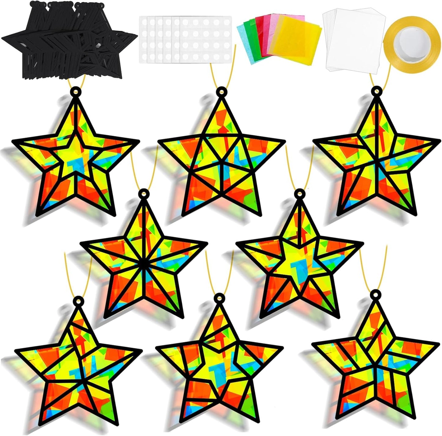 QOUBAI 32 Sets Stars Suncatchers Craft Back to School DIY Stained Glass Window Patriotic 4th of July Paper Craft Home School Classroom Decor Kid Birthday Gift Creative Art Activity Game - Colors A