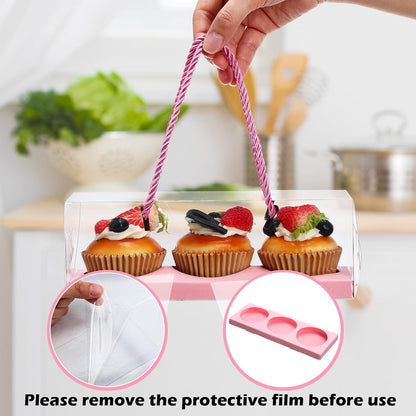 Thenshop 20 Pcs 9 x 3 x 3 Inch Clear Cupcake Boxes with Handle and Inserts 3 Count Portable Pastry Packaging for Cupcakes Carrier Muffin Bakery Containers Mothers Day Wedding Party(Brown)