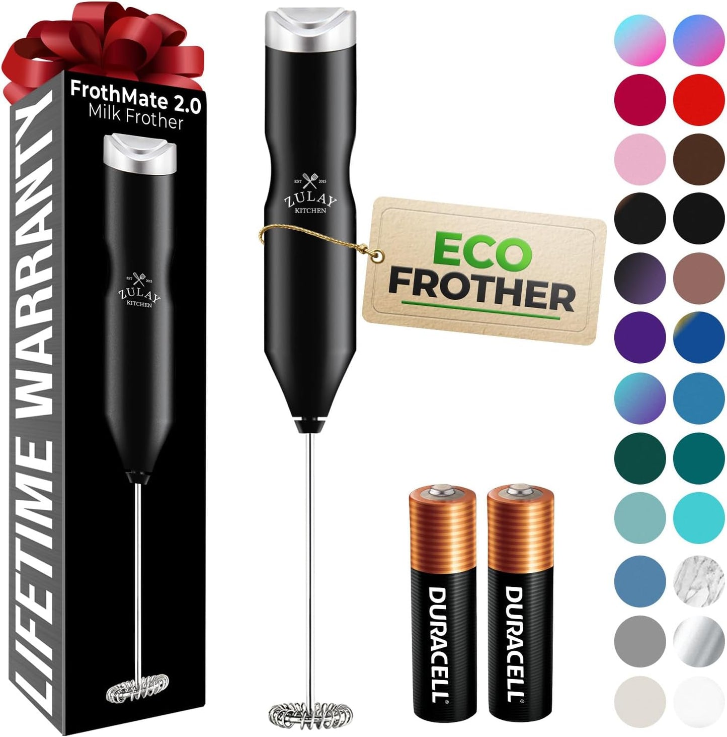 Zulay Kitchen Powerful Milk Frother AA Batteries Included – Ultra Fast Handheld Drink Mixer with Stainless Steel Whisk Stirrer for Coffee, Protein, Matcha & More, Frother Wand Electric Frothmate Black - Colors E