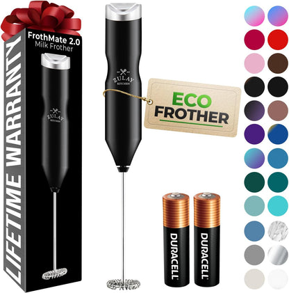 Zulay Kitchen Powerful Milk Frother AA Batteries Included – Ultra Fast Handheld Drink Mixer with Stainless Steel Whisk Stirrer for Coffee, Protein, Matcha & More, Frother Wand Electric Frothmate Black - Colors E