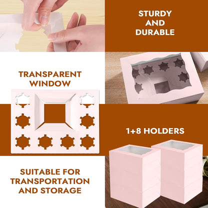 10 Packs Bento Cake and Cupcake Box 3 Holes Fit 2 Cupcakes and 1 Mini Cake Box with Clear Window and Stickers for Cake Cupcake Cookie or Easter and Mother’Day. (1+2/10pcs)