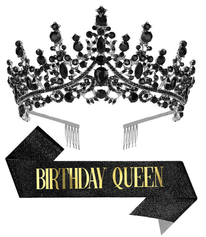 Birthday Tiara Crown with Sash for Women, Headband Hair Accessories for Wedding Party Costume