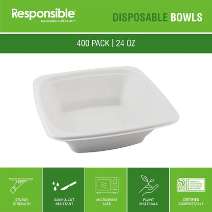 Responsible Products 100% Compostable Square Serving Bowls, 48 oz Disposable Paper Bowls, Microwave Safe, Freezer Safe, Soup Safe, No Plastic, Eco-Friendly, Tree-Free, No PFAS. White (50 Count)