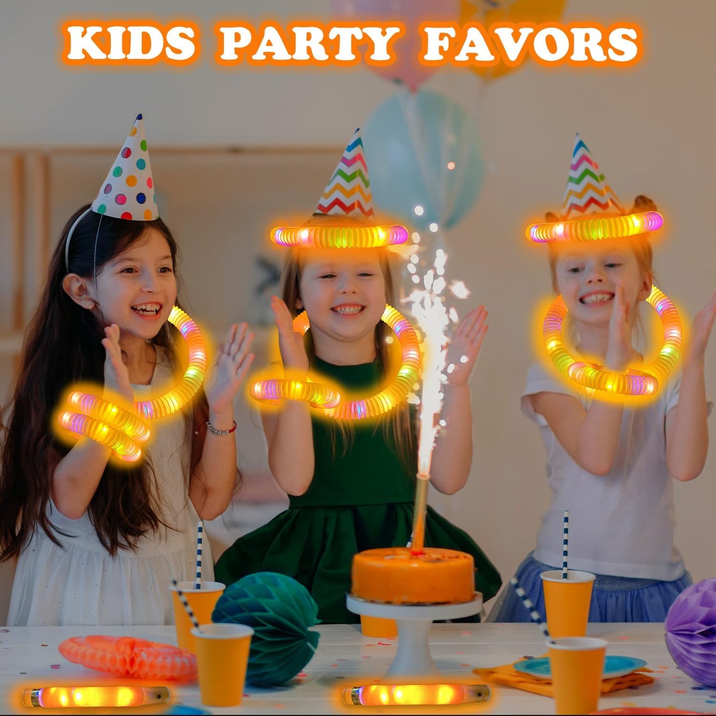 Orange Glow Sticks Party Favors Supplies for Kids 24 PCS,4th of July LED Light up Pop Tubes for Toddlers,Neon Necklaces Bracelets Accessories,Birthday Dance Party 250th Anniversary Camping Toys Gifts