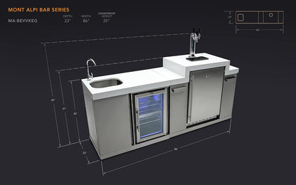 Mont Alpi Bar Series MA-BEVKEG Stainless Steel Outdoor Rated 3 Beer Tap Kegerator Keg Center Dispenser + Beverage Center with Compact Refrigerator + Granite Countertops