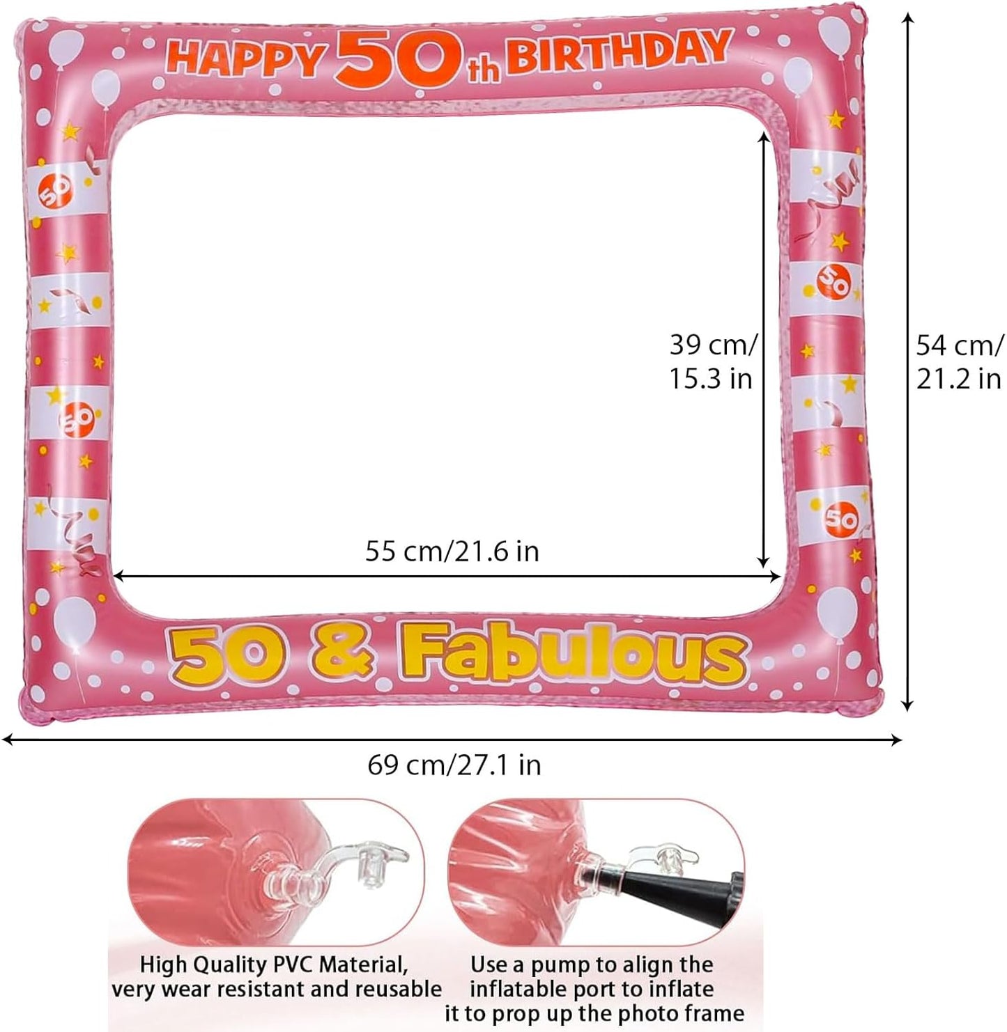 50th Birthday Inflatable Selfie Photo Frame with Photo Booth Props Set, 50 Birthday Party Selfie Props and Frame(21x27 Inches) for Pictures and Decorations Women’s 50th Birthday Party Supplies