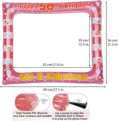 50th Birthday Inflatable Selfie Photo Frame with Photo Booth Props Set, 50 Birthday Party Selfie Props and Frame(21x27 Inches) for Pictures and Decorations Women’s 50th Birthday Party Supplies