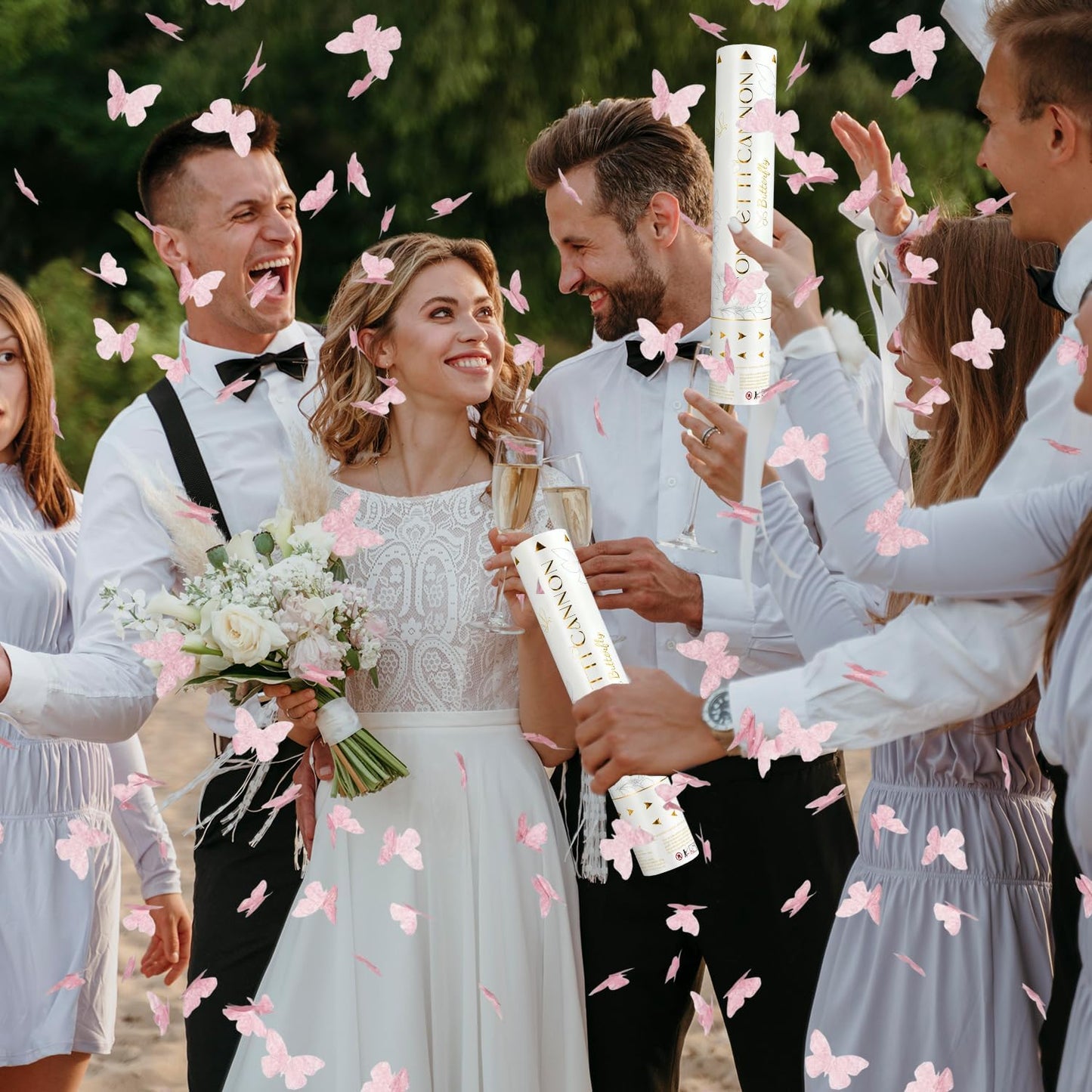 Confetti Cannon Butterfly Confetti Poppers 12 Pack Party Poppers 12 inch Pink Confetti Shooters Butterfly Sticks for Wedding Birthday Graduation Anniversary Bridal Shower Valentines Christmas New Year