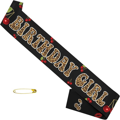 Cheetah Cherry Birthday Girl Sash , Cheetah Leopard & Cherry Print Sash for Women, Sweet 16 18 21 30 40 50 or Any Other Bday Party Party Decorations