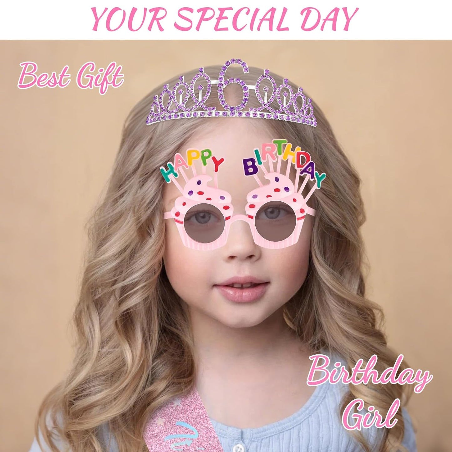YARIEW 3rd Birthday Decorations, 3rd Glitter Purple Sash and Crown Kit with Happy Birthday Sunglasses, Tiara Princess Crown and Sash Party Outfit Accessory
