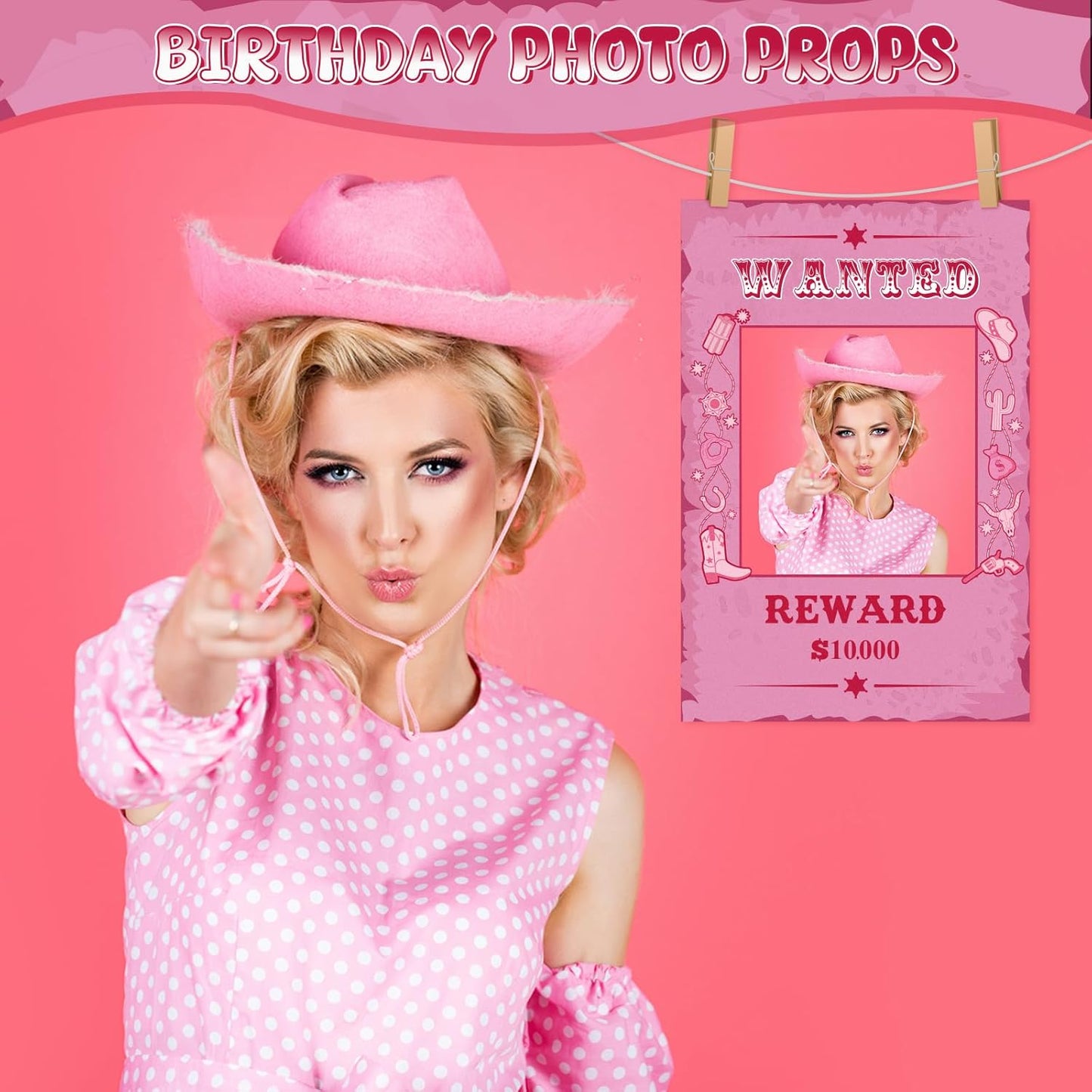12 Pcs Cowgirl Party Decorations Pink Western Photo Booth Wanted Poster Photo Prop Selfie Frame Poster Fabric Banner Cowgirl Decorations for Party Wild West Birthday Decoration Supplies Rustic