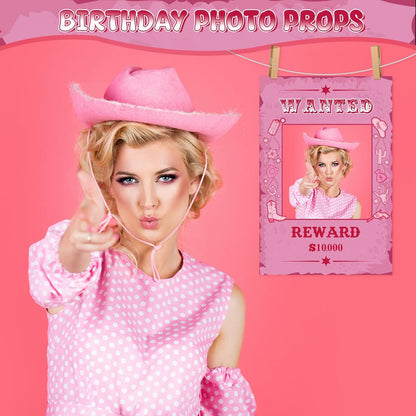 12 Pcs Cowgirl Party Decorations Pink Western Photo Booth Wanted Poster Photo Prop Selfie Frame Poster Fabric Banner Cowgirl Decorations for Party Wild West Birthday Decoration Supplies Rustic