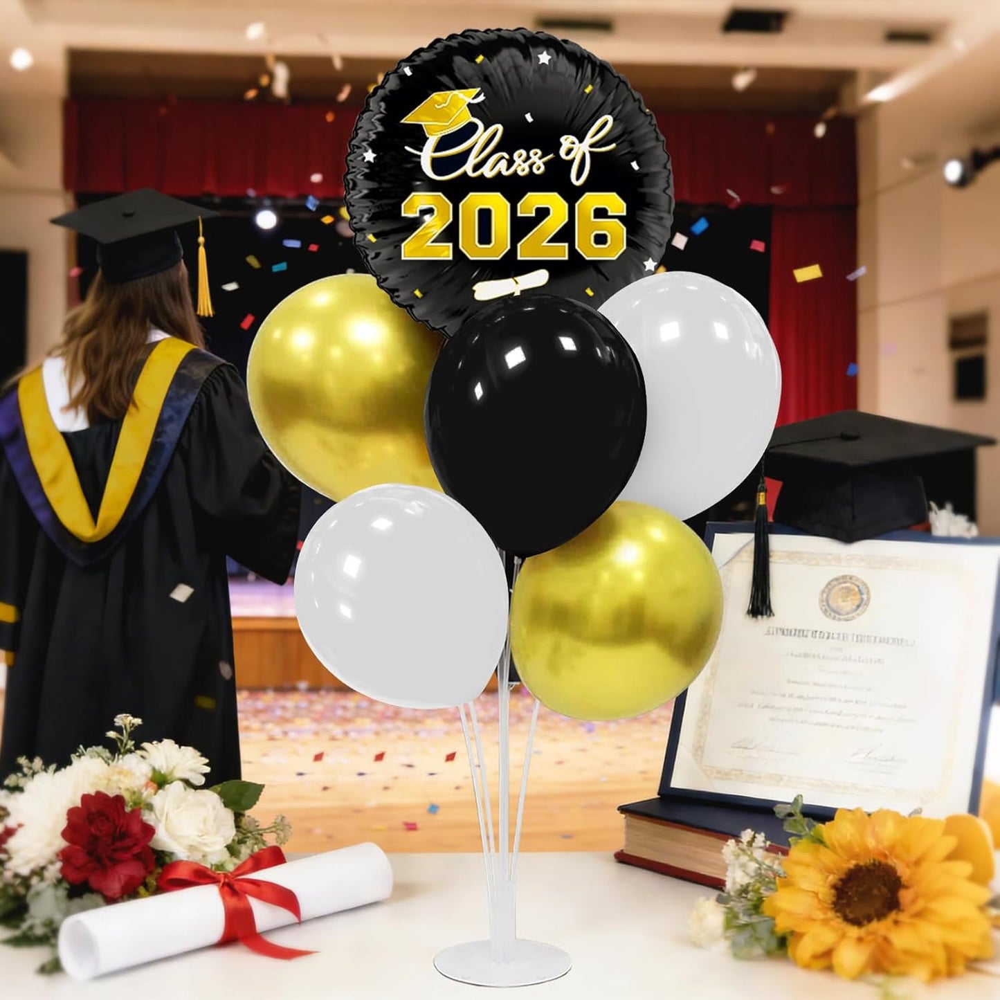 Graduation Decorations - 4 Set Balloon Stands, Class of 2026 Congrats Grad Table Centerpieces for Graduation Party Supplies(Gold& Black)