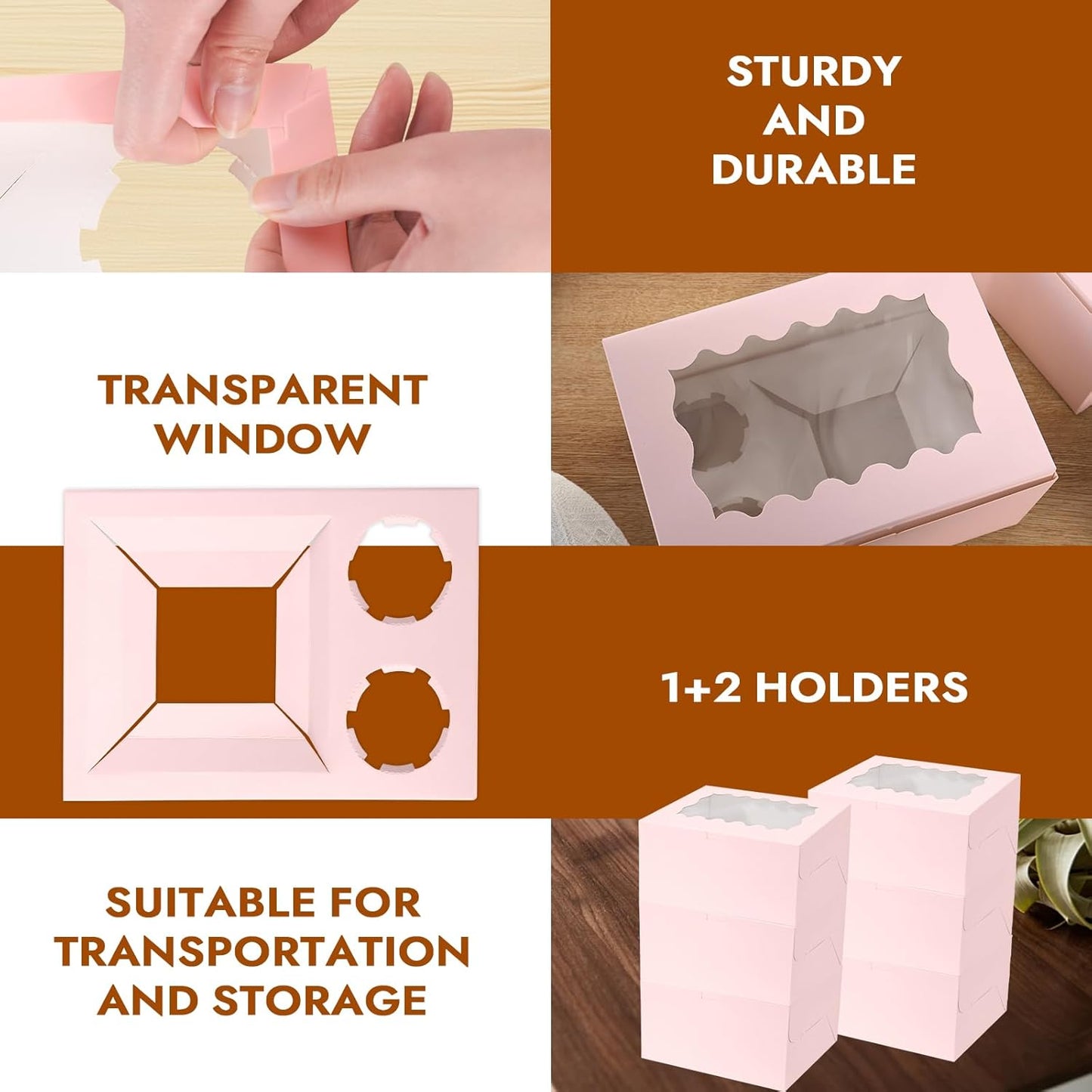 10 Packs Bento Cake and Cupcake Box 3 Holes Fit 2 Cupcakes and 1 Mini Cake Box with Clear Window and Stickers for Cake Cupcake Cookie or Easter and Mother’Day. (1+2/10pcs)