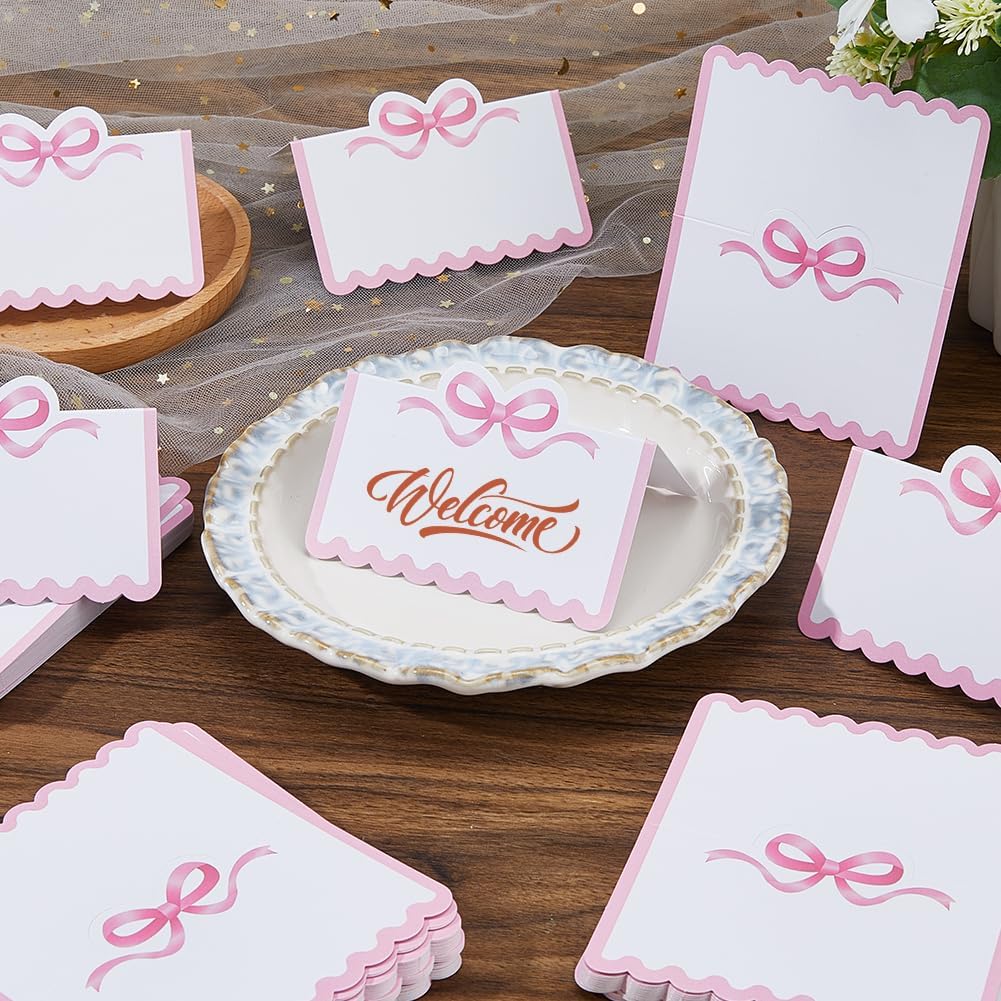 SUPERFINDINGS 200Pcs Blank Place Cards Blue Bow Place Cards 4.02x3.54 Inch/10.2x9cm Wedding Seating Card Buffet Food Labels Tent Fold Table Name Card for Wedding Party Table Setting