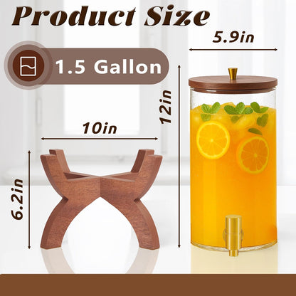 Glass Drink Dispenser,1.5 Gallon Beverage Dispenser with Stand,Lemonade Dispenser with Stainless Steel Faucet,Drink Dispensers for Parties, Bars and Home (Round Stand)