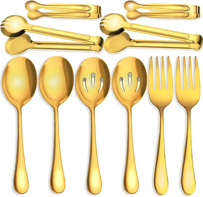 11 PCS Serving Utensils, Large Stainless Steel Spoons Forks Tongs, Pie Server, Great for Hostess Buffet Catering Banquet Party, Silver