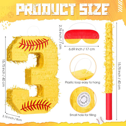 Soulchen Softball Number Piñata Set 16 Inch Yellow Softball Piñata with Blindfold Bat Confetti for Ball Sports Themed Birthday School Party Supplies Outdoor Game Decoration(Number 5)
