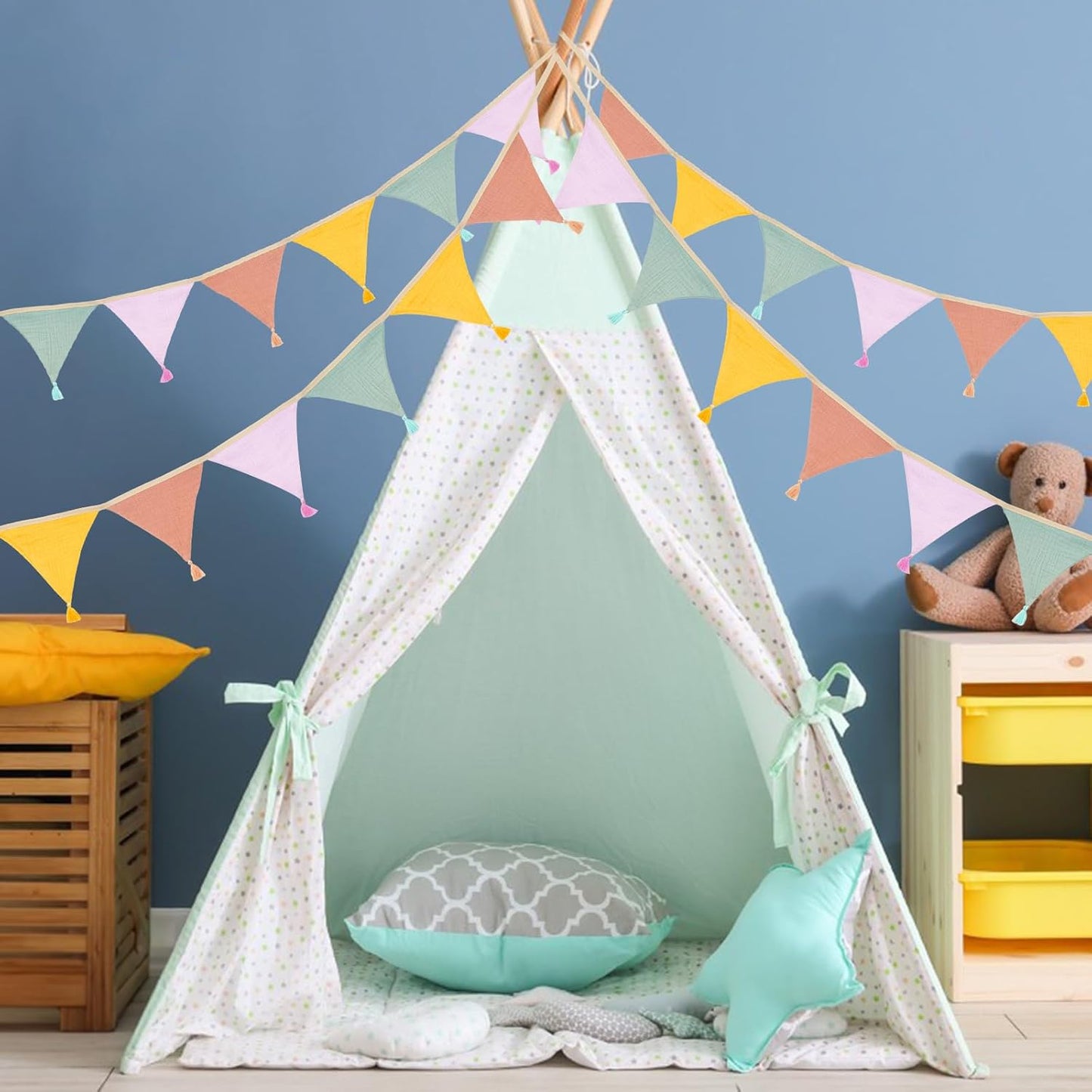 G2PLUS Cotton Fabric Bunting Banner, 9Ft Green Triangle Pennant Banner Flag, 12pcs Double-Sided Bunting Garland with Tassels for Birthday, Nursery, Baby Shower, Classroom Hanging Decor