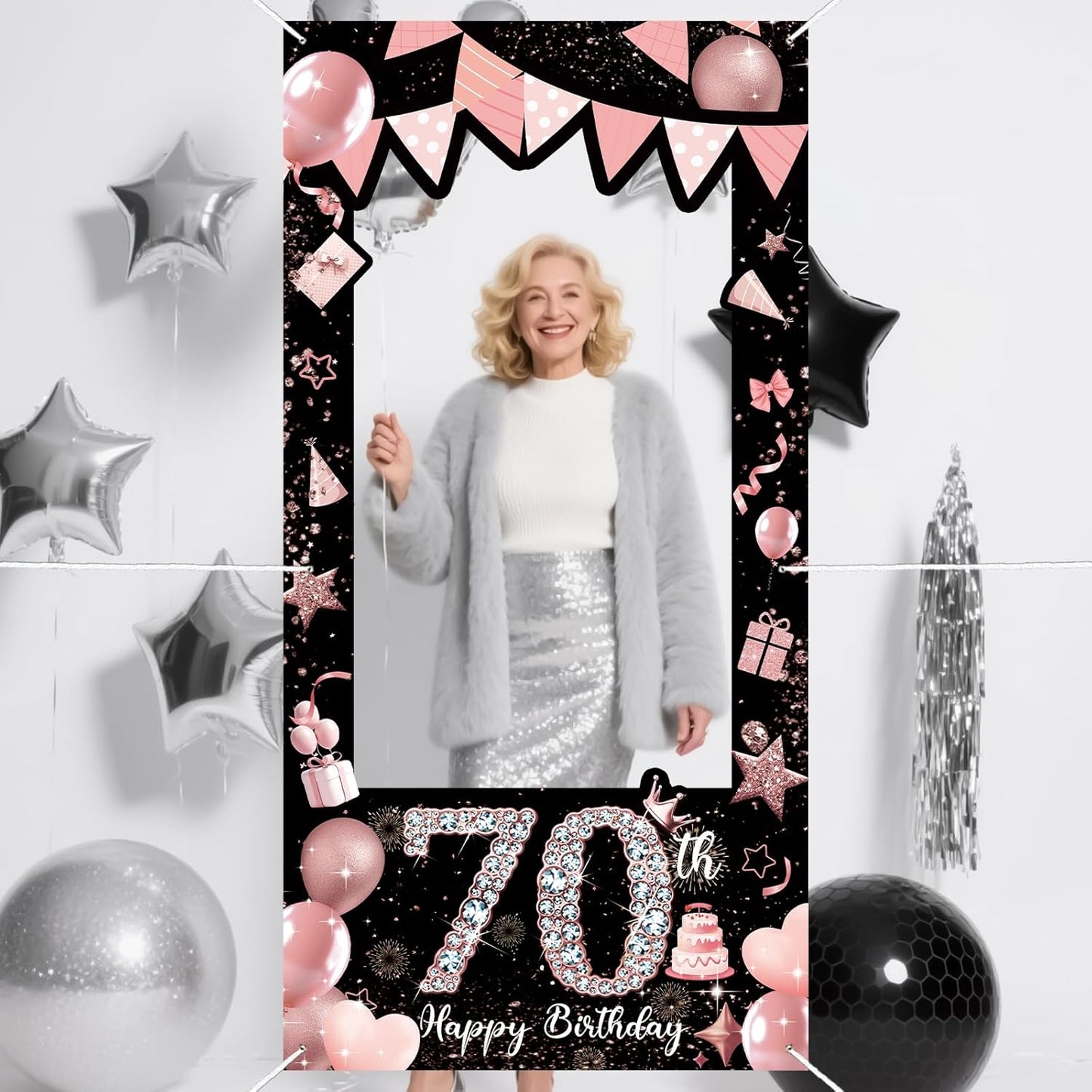 Pink 80th Birthday Neon Photography Banner Backdrop Glow Party Disco Dance Neon Theme Birthday Banner Photo Frame Props Props Selfie Background Face Cutout Photo Props Decoration