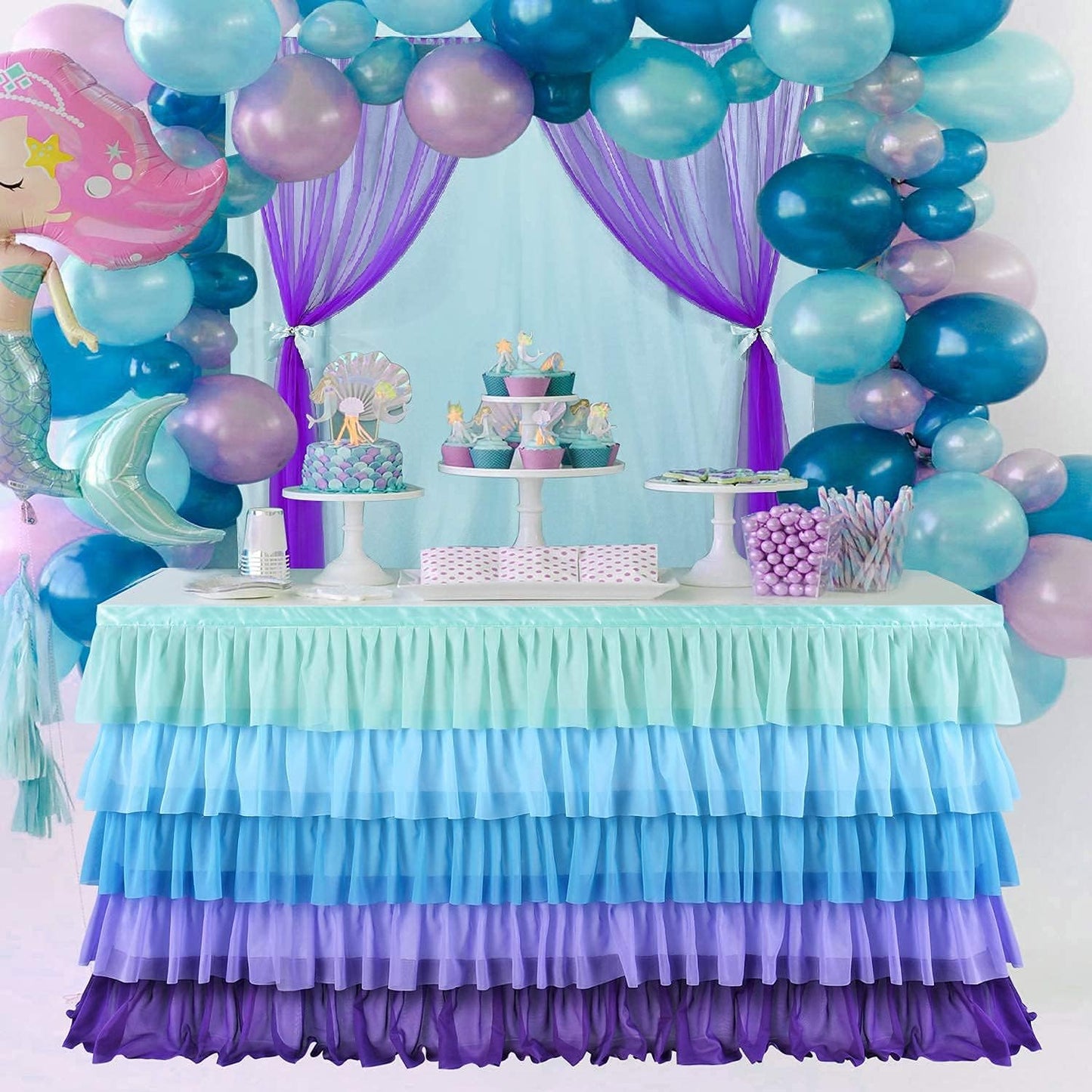 Pastel Rainbow Table Skirt Ruffle Party Tablecloth for Rectangle Table 6ft Birthday Party Baby Shower