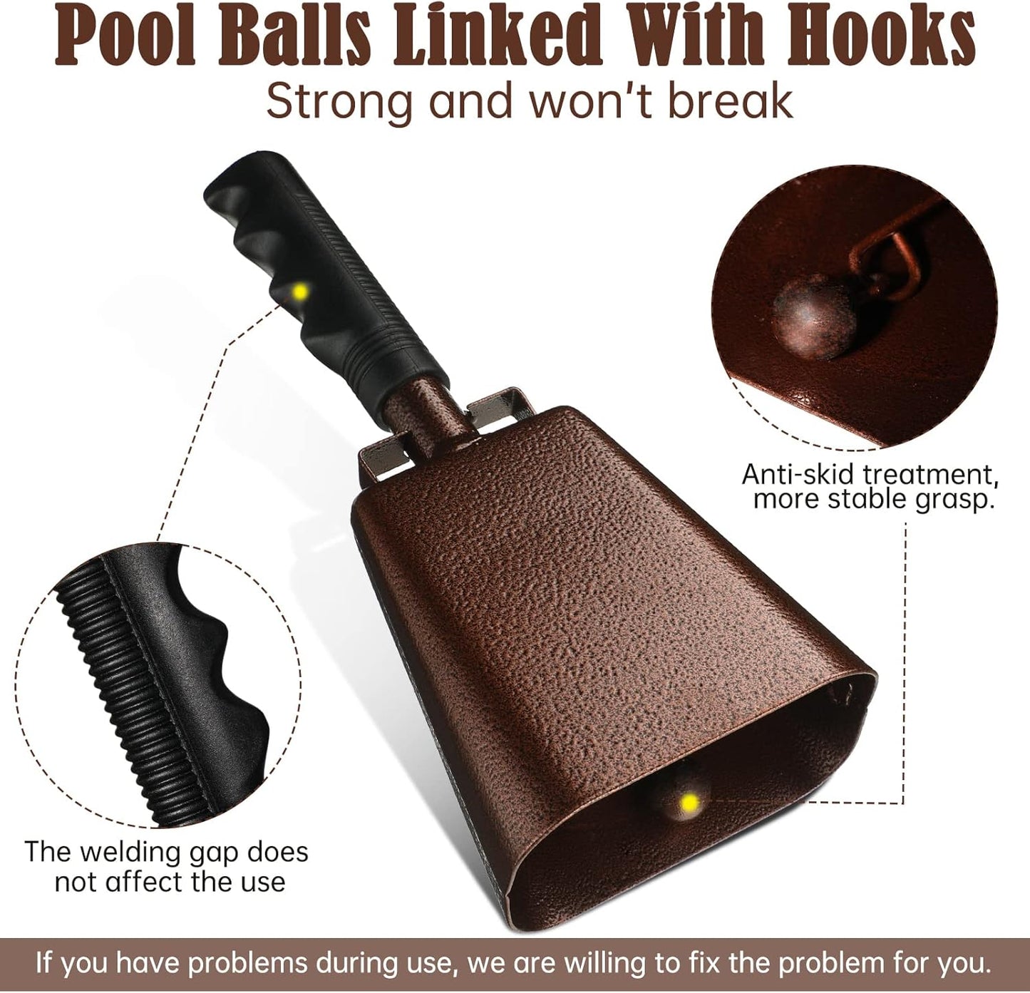 Nuanchu 10 Inch Cowbell Noise Makers for Sport Event Steel Cowbell with Handle and 2 Pcs Wooden Spinning Rattle Ratchet Matraca Cheer Bell Alarm for Football Game Musical Percussion Instruments(Brown)