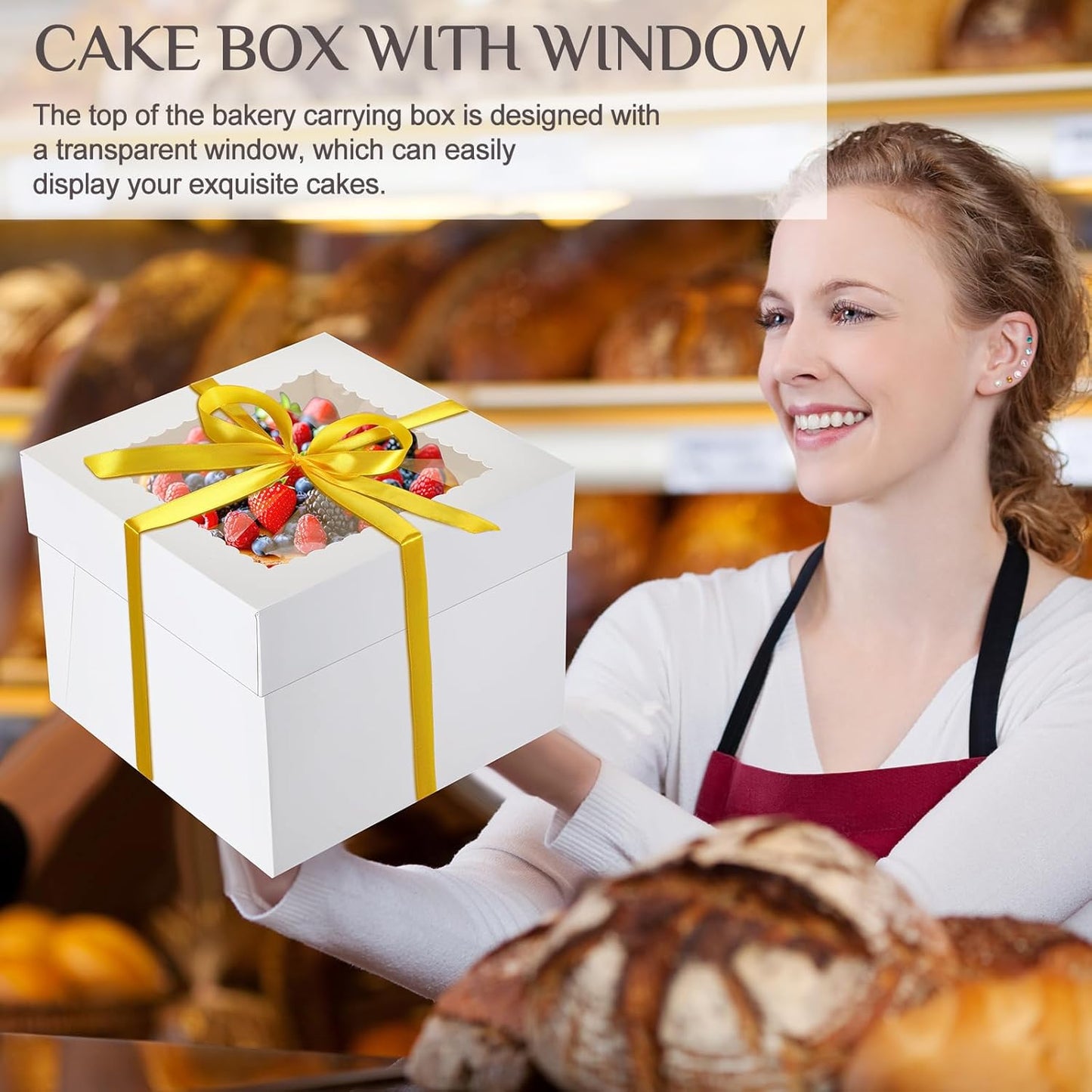Teenyyou 48 Pcs Cake Boxes with Boards 24 Baking Boxes with Window 24 Cake Boards 2 Rolls Silk Ribbon Large Square Baking Storage in 3 Sizes 12x12x8, 10x10x8, 8x8x8 Inch Disposable Dessert Containers