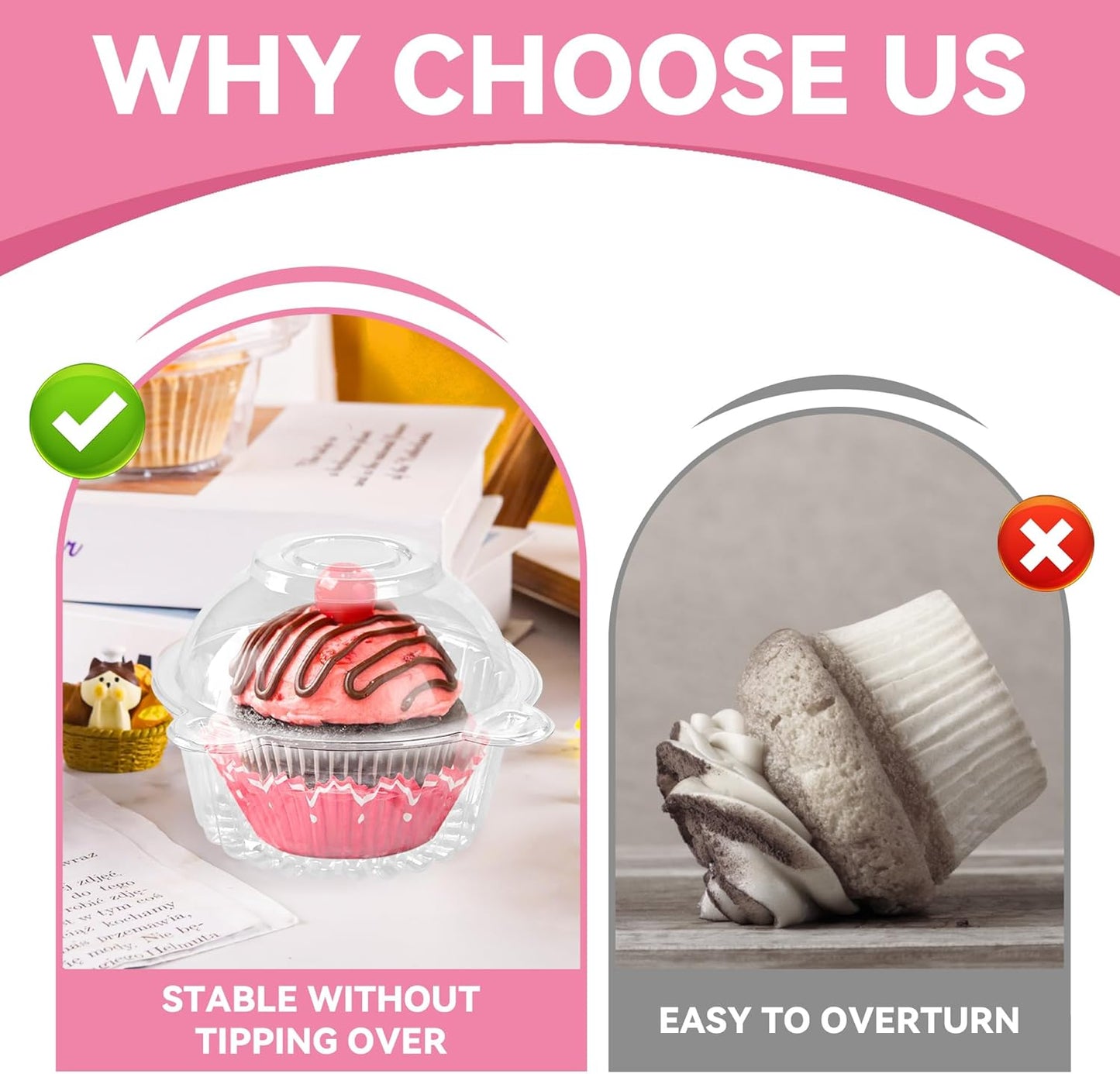 NPLUX 50 Pack Individual Cupcake Containers Plastic Cupcake Holders Deep Dome Muffin Containers