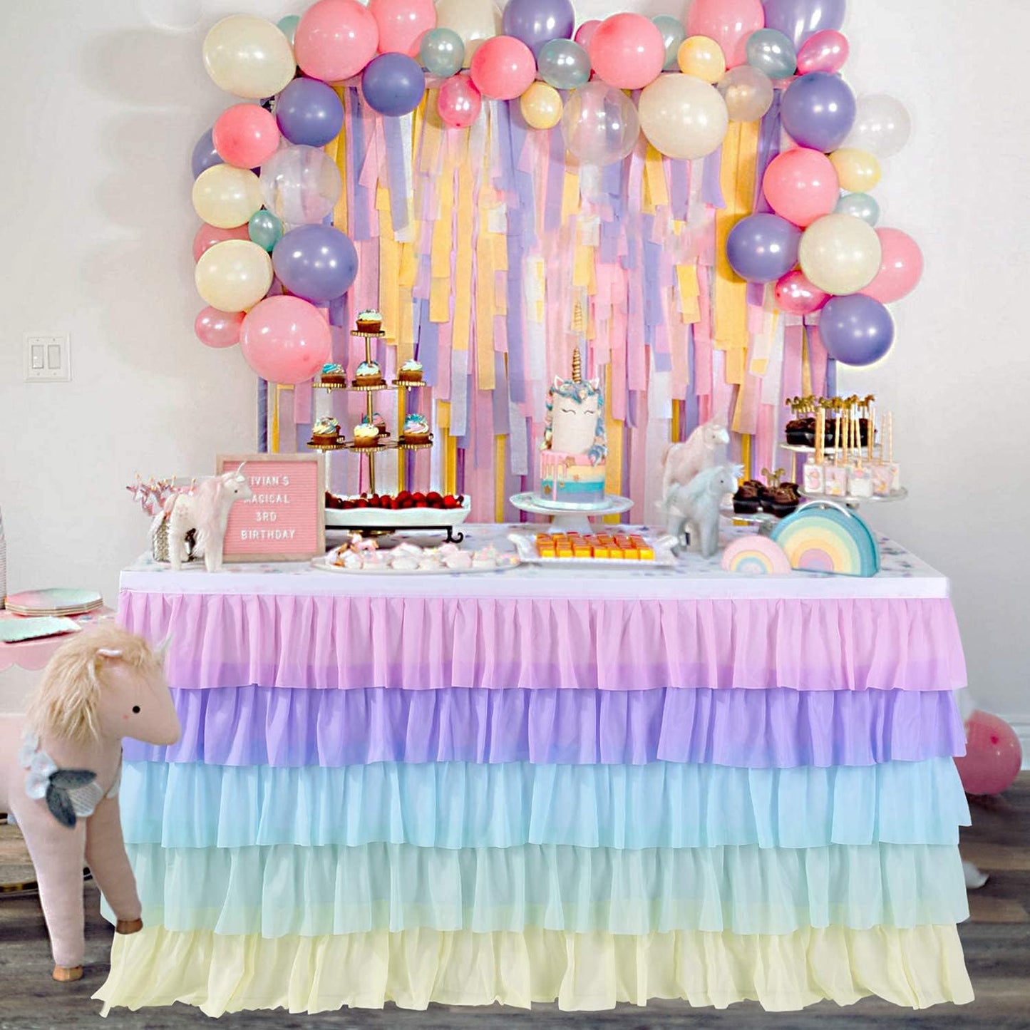 Pastel Rainbow Table Skirt Ruffle Party Tablecloth for Rectangle Table 6ft Birthday Party Baby Shower