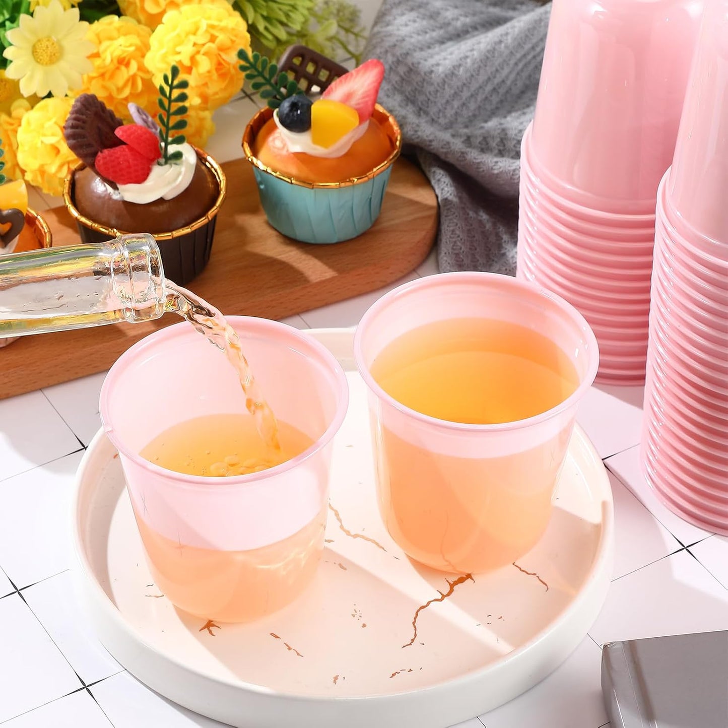 Ziliny 50 Pcs Disposable Stemless Glasses 12oz Crystal Plastic Wine Glasses Clear Classic Pet Cup for Meeting Weddings Birthdays Cocktail Christmas Party Supplies (Pink)